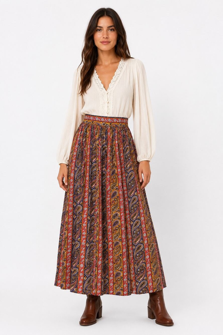 Vintage 70s Handmade Paisley Maxi Skirt XS Boho Prairie Festival